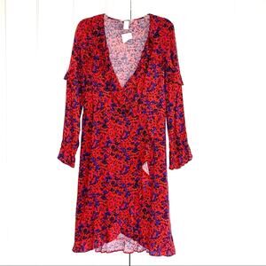 H & M Dress Red Floral Faux Wrap Ruffled Sleeves Ruffled Trim Dress Size 2 NEW